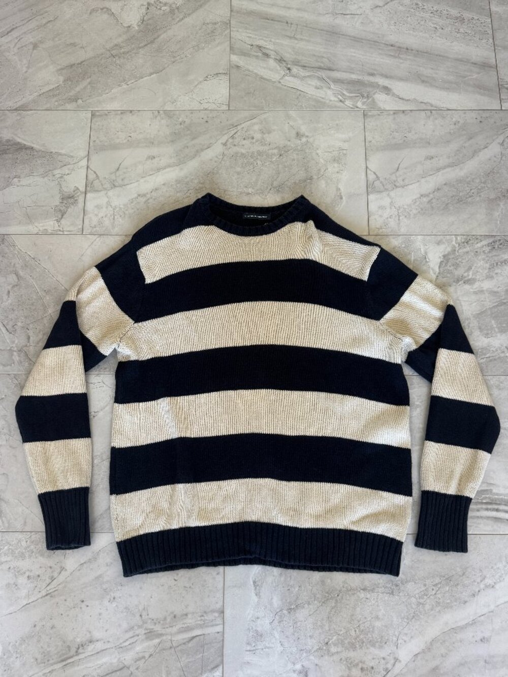 Brandy Melville Dark Navy Blue & Cream Striped Oversized Knit Sweater